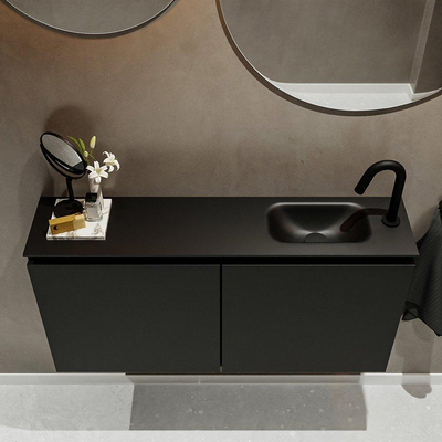 MONDIAZ TURE Fonteinset - 100x23x50cm - 1 kraangat - 2 deuren - urban mat - Wasbak rechts - Solid Surface Zwart