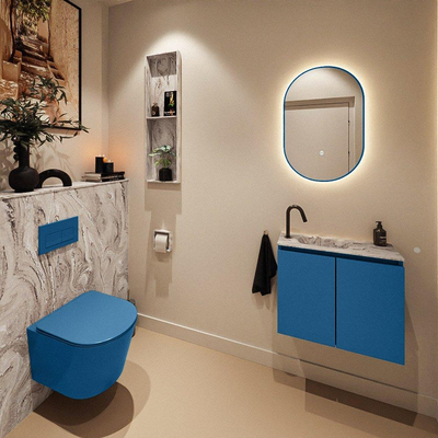 MONDIAZ TURE-DLUX Meuble toilette - 60cm - Jeans - EDEN - vasque Glace - position gauche - 1 trou de robinet