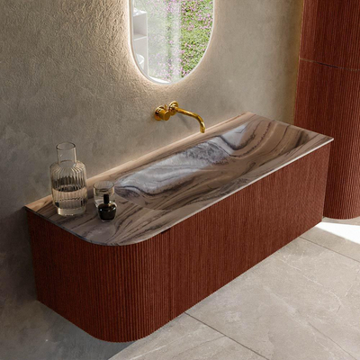 MONDIAZ KURVE-DLUX Meuble de salle de bains 125cm arrondi à gauche couleur Ruby avec 1 tiroir et 1 porte. Lavabo BIG MEDIUM à droite sans trou de robinet Sombra.