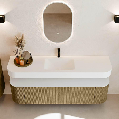 MONDIAZ THOR 170cm meuble de salle de bains arrondi gauche + droite couleur Dusk avec 1 tiroir et 2 portes. Vasque suspendue CLOUD Milieu 1 trou de robinet couleur Talc.