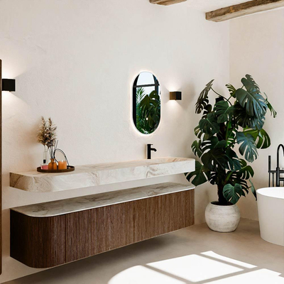 MONDIAZ THOR-DLUX 200cm meuble de salle de bains arrondi gauche + droite couleur Walnut avec 2 tiroirs et 2 portes. Vasque suspendue CLOUD Droite 1 trou de robinet couleur Frappe.