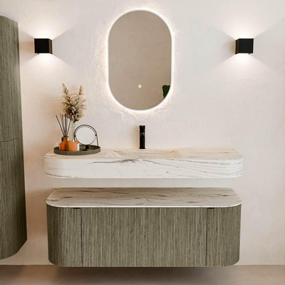 MONDIAZ THOR-DLUX 130cm meuble de salle de bains arrondi gauche + droite couleur Shadow avec 1 tiroir et 2 portes. Vasque suspendue CLOUD Milieu 1 trou de robinet couleur Nata.