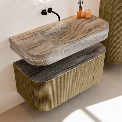 MONDIAZ THOR-DLUX 100cm meuble de salle de bains arrondi gauche + droite couleur Dusk avec 1 tiroir et 2 portes. Vasque suspendue CLOUD Milieu sans trou de robinet couleur Oza.