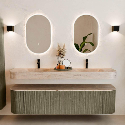 MONDIAZ THOR-DLUX 180cm meuble de salle de bains arrondi gauche + droite couleur Shadow avec 2 tiroirs et 2 portes. Vasque suspendue CLOUD Double 2 trous de robinet couleur Saba.