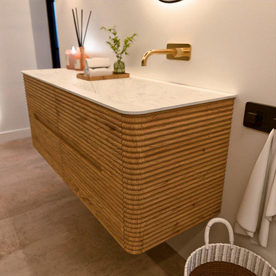 Mondiaz CIRO-DLUX Badkamermeubelset - 130x45x50cm - Solid surface wastafel Opalo - 1 wasbak Rechts - zonder kraangaten - 4 lades - Oak