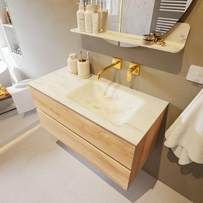 Mondiaz VICA-DLUX Ensemble de meuble de salle de bain - 100cm - meuble sous-vasque chêne blanchi - 2 tiroirs - lavabo encastré cloud droite - sans trous de robinet - version haute de 60cm - opalo