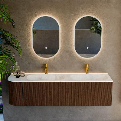 MONDIAZ KURVE-DLUX 165cm badmeubel met module 25 L kleur Walnut met 2 lades en 1 deur. Wastafel STOR SMALL dubbel / rechts 2 kraangaten kleur Opalo.