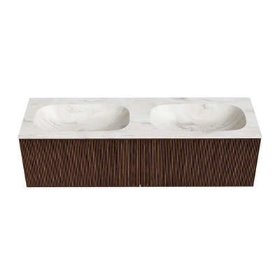 MONDIAZ KURVE-DLUX 150cm badmeubel kleur Walnut met 2 lades. Wastafel STOR SMALL dubbel 2 kraangaten kleur Ostra.