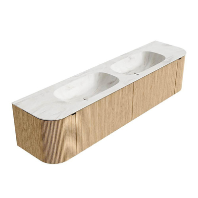 MONDIAZ KURVE-DLUX 190cm badmeubel met module 25 Len R kleur Oak met 2 lades en 2 deuren. Wastafel STOR SMALL dubbel zonder kraangat kleur Ostra.