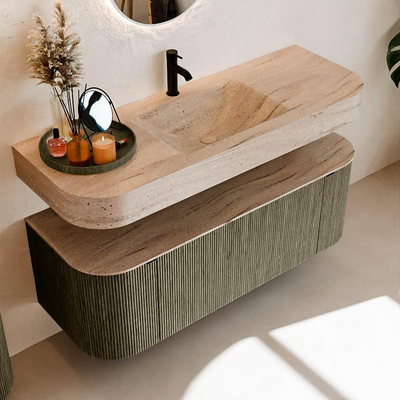 MONDIAZ THOR-DLUX Meuble de salle de bains 130cm arrondi gauche + droite couleur Shadow avec 1 tiroir et 2 portes. Vasque suspendue CLOUD Milieu 1 trou de robinet couleur Saba.