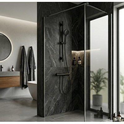 Adema Sparkle 2.0 Doucheset - thermostaatkraan - 70cm glijstang - ronde handdouche - metalen doucheslang - mat zwart