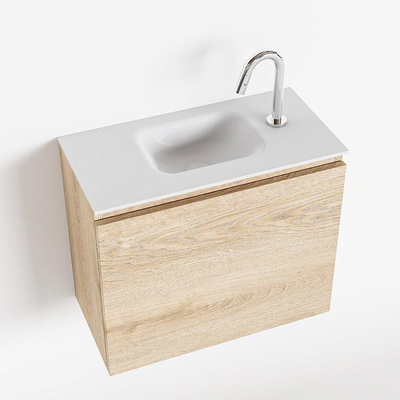 MONDIAZ OLAN Fonteinset - 60x30x40cm - 1 kraangat - 1 lade - washed oak mat - wasbak midden - Solid Surface Wit