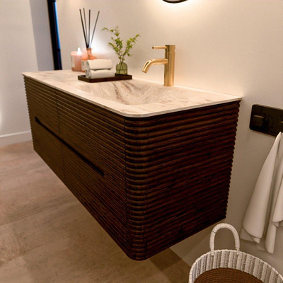 Mondiaz CIRO-DLUX Badkamermeubelset - 130x45x50cm - Solid surface wastafel Frappe - 1 wasbak Rechts - 1 kraangat - 4 lades - Walnut