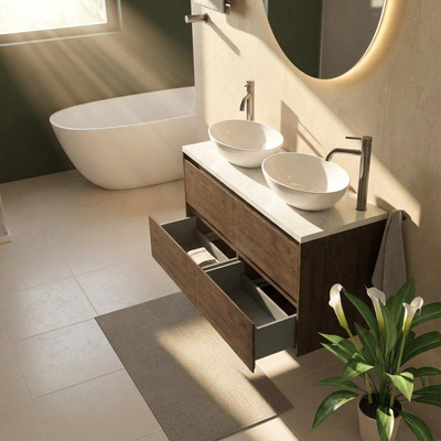 Saniclass Holz Pure Ensemble de meubles de salle de bains - 120x45x63cm - Plan vasque en marbre Dia poli (blanc) - 2 trous de robinet - 4 tiroirs - chêne charcoal mat (bois)