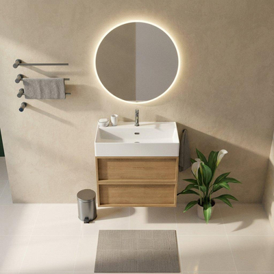 Saniclass Holz Frame Ensemble de meubles de salle de bains - 80x45x72cm - Lavabo Legend en céramique blanc - 1 vasque - 1 trou de robinet - 2 tiroirs - chêne natural mat (bois)
