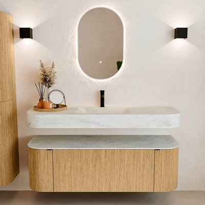 MONDIAZ THOR-DLUX 140cm badmeubel ronding links + rechts kleur Oak met 1 lade en 2 deuren. Vrijhangende wastafel CLOUD Midden 1 kraangat kleur Opalo.