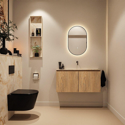 MONDIAZ TURE-DLUX Meuble toilette - 100cm - Washed Oak - EDEN - vasque Frappe - position centrale - sans trou de robinet