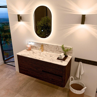 Mondiaz CIRO-DLUX Badkamermeubelset - 120x45x50cm - Solid surface wastafel Glace - 1 wasbak Links - 1 kraangat - 2 lades - Walnut