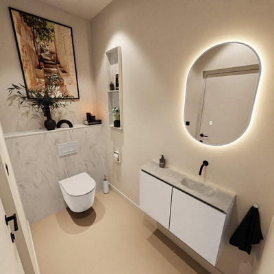 MONDIAZ TURE-DLUX Meuble de toilettes 80 cm Linen. Lavabo EDEN Opalo position droite. Sans trou de robinet.