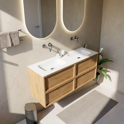 Saniclass Holz Frame Ensemble meuble de salle de bains - 140x45x61.5cm - Flow lavabo en solid surface blanc - 2 vasques - sans trous de robinet - 4 tiroirs - chêne natural mat (bois)