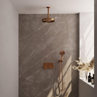BRAUER Stripe Thermostatische Inbouw Regendouche - drukknoppen - SET 30 - 25cm douchekop - plafondarm - 3-standen handdouche - doucheslang - wandaansluitbocht - koper geborsteld PVD