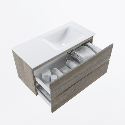 Mondiaz VICA ensemble de meuble de salle de bain - 100cm - meuble sous-vasque marron clair gris - 2 tiroirs - lavabo cloud droite - sans trous de robinet - version haute de 60cm - talc