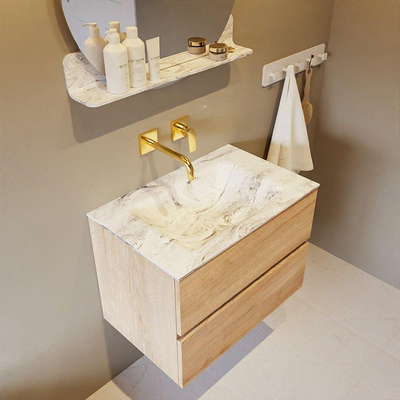 Mondiaz VICA-DLUX Ensemble de meuble de salle de bain - 70cm - meuble sous-vasque chêne blanchi - 2 tiroirs - lavabo encastré nuage milieu - sans trous de robinet - version haute 60cm - glace