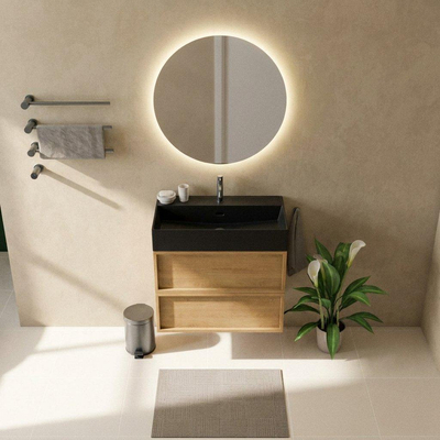 Saniclass Holz Frame Ensemble de meubles de salle de bains - 80x45x72cm - vasque Legend en céramique noir mat - 1 vasque - 1 trou de robinet - 2 tiroirs - chêne naturel mat (bois)