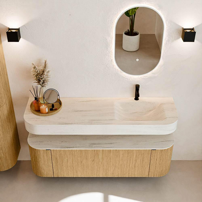 MONDIAZ THOR-DLUX 150cm badmeubel ronding links + rechts kleur Oak met 1 lade en 2 deuren. Vrijhangende wastafel CLOUD Rechts 1 kraangat kleur Meli.