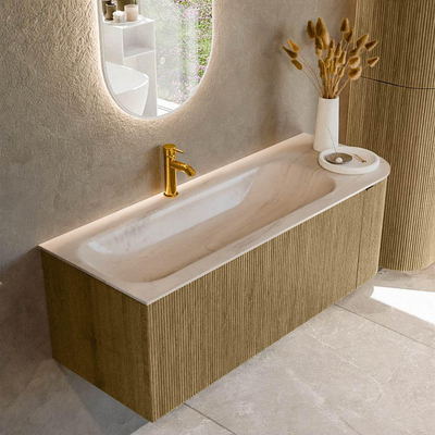 MONDIAZ KURVE-DLUX Meuble de salle de bains 125cm arrondi à droite couleur Dusk avec 1 tiroir et 1 porte. Lavabo BIG MEDIUM à gauche 1 trou de robinet Meli.