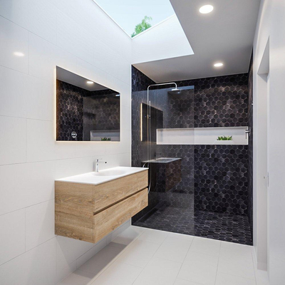 ENSEMBLE DE MEUBLE MONDIAZ VICA - 120cm - 2 tiroirs - lavabo Moon central - 1 trou de robinet - solid surface chêne blanchi