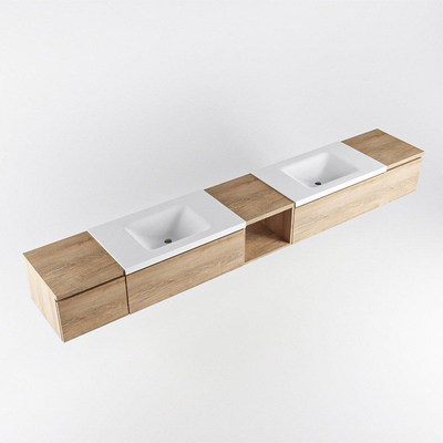 MONDIAZ BUKLA 280cm badmeubel met open module 40 midden kleur Washed Oak met 4 lades. Wastafel CLOUD dubbel 0 kraangaten kleur Talc.