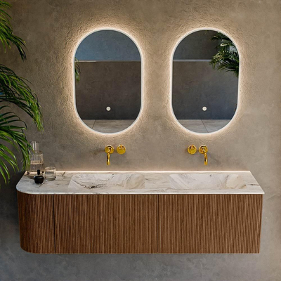 MONDIAZ KURVE-DLUX 155cm Meuble salle de bain avec module 25 G - couleur Walnut - 2 tiroirs - 1 porte - vasque LEAF double / droite - sans trou de robinet - couleur Glace