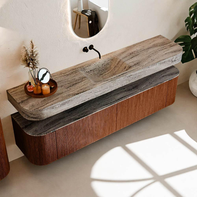 MONDIAZ THOR-DLUX 200cm meuble de salle de bains arrondi gauche + droite couleur Ruby avec 2 tiroirs et 2 portes. Vasque suspendue CLOUD Milieu sans trou de robinet couleur Oza.