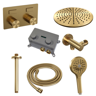 Brauer Gold Carving douche thermostatique pluie à bouton-poussoir caché set 60 30cm pommeau de douche bras de plafond 3 positions douche à main flexible de douche raccord mural coude doré brossé pvd