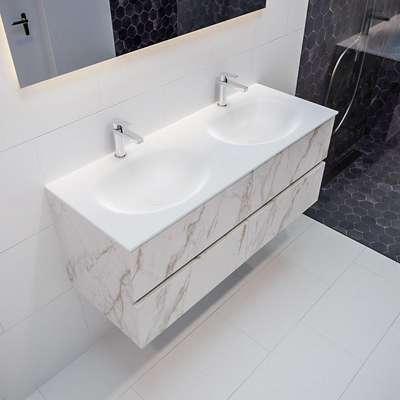 MONDIAZ VICA Ensemble de meuble salle de bain - 120cm - 4 tiroirs - lavabo Moon double - 2 trous de robinet - solid surface marbre carrara