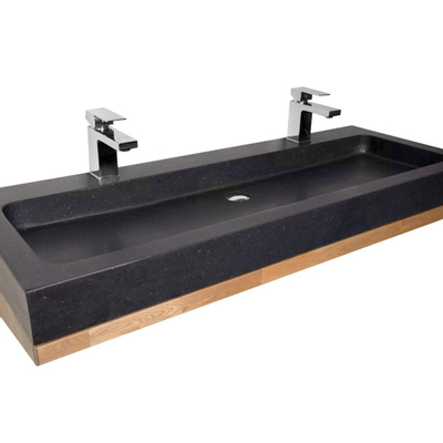 BRAUER Natural Wood Meuble salle de bain avec miroir 100cm Grey Oak avec vasque en pierre naturelle Black Spirit 2 trous pour robinetterie