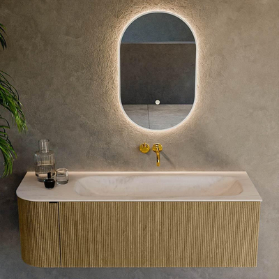 MONDIAZ KURVE-DLUX Meuble de salle de bains 135cm arrondi à gauche couleur Dusk avec 1 tiroir et 1 porte. Lavabo BIG MEDIUM à droite sans trou de robinet Meli.
