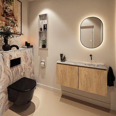 MONDIAZ TURE-DLUX Meuble toilette - 100cm - Washed Oak - EDEN - vasque Glace - position droite - sans trou de robinet