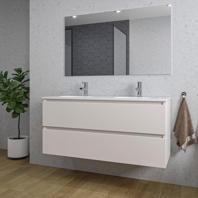 Saniclass Chaci Meuble de salle de bain - 120x46x55cm - lavabo en céramique blanc - 2 vasques ovales - 2 trous de robinet - 2 tiroirs - miroir rectangulaire - mat cotton (beige)
