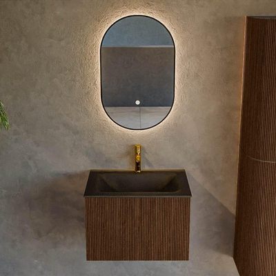 MONDIAZ KURVE 60cm badmeubel kleur Walnut met 1 lade. Wastafel CLOUD midden 1 kraangat Urban.