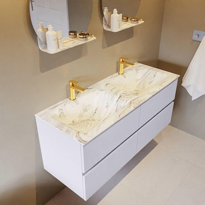 Mondiaz VICA-DLUX ensemble de meuble de salle de bain - 120cm - meuble sous-vasque cale - 4 tiroirs - lavabo encastré cloud double - 2 trous de robinet - miroir modèle spot - version XL 60cm haut - glace