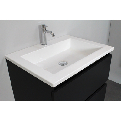 Basic Bella Meuble salle de bains avec lavabo acrylique Blanc avec armoire toilette 1 porte gris 60x55x46cm 1 trou de robinet Noir mat