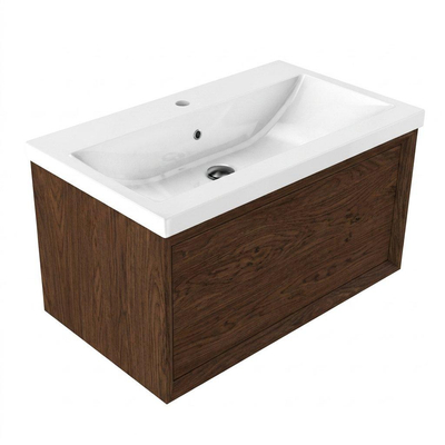 Saniclass Holz Frame Ensemble meuble de salle de bains - 80x45x43.5cm - Bari lavabo en céramique blanc - 1 vasque - 1 trou de robinet - 1 tiroir - noyer pure mat (bois)