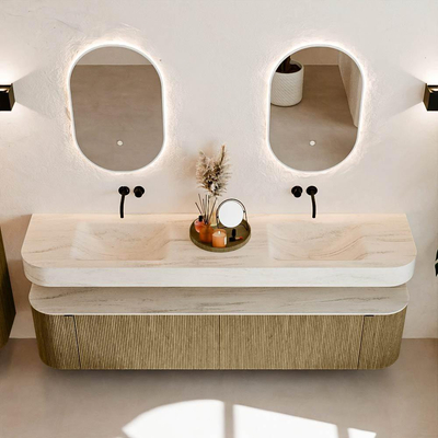 MONDIAZ THOR-DLUX Meuble de salle de bains - 200cm - arrondi gauche + droite - couleur Dusk - 2 tiroirs - 2 portes - Vasque suspendue CLOUD Double sans trou de robinet - couleur Meli