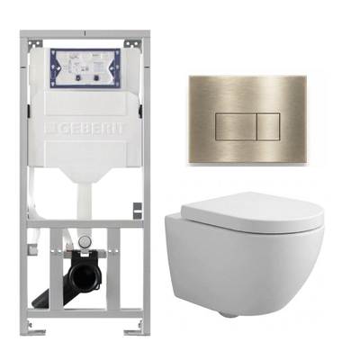 Pack WC QeramiQ Dely Swirl Compact - réservoir encastrable Geberit UP320 - avec bâti-support Burda - abattant 25 mm - plaque de commande en plastique laiton brossé (or) - boutons rectangulaires - blanc brillant
