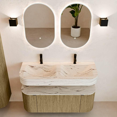 MONDIAZ THOR-DLUX 120cm meuble de salle de bains arrondi gauche + droite couleur Dusk avec 1 tiroir et 2 portes. Vasque suspendue CLOUD Double 2 trous de robinet couleur Nata.