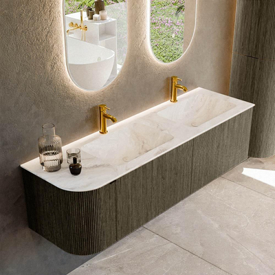 Mondiaz KURVE-DLUX Badkamermeubelset - 155x46x40cm - 2 lade - 1 deur - wastafel solid surface - dubbel / rechts - 2 kraangaten - Shadow