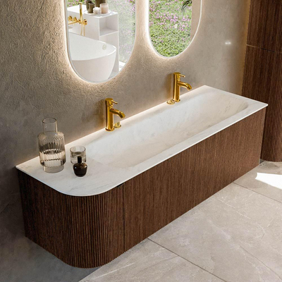 MONDIAZ KURVE-DLUX 145cm meuble de salle de bains avec module 25 L couleur Walnut avec 1 tiroir et 1 porte. Lavabo BIG LARGE à droite 2 trous de robinet couleur Opalo.