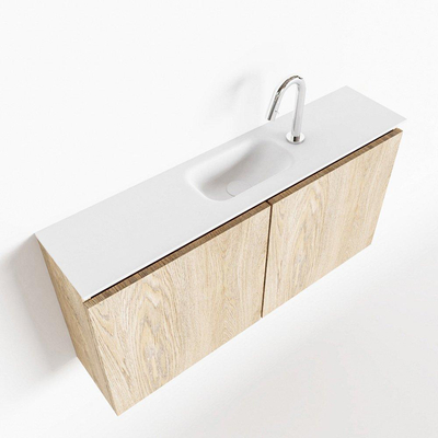 MONDIAZ TURE Toiletmeubel 100x23x50cm met 1 kraangaten 2 deuren washed oak mat Wastafel Eden midden Solid Surface Wit